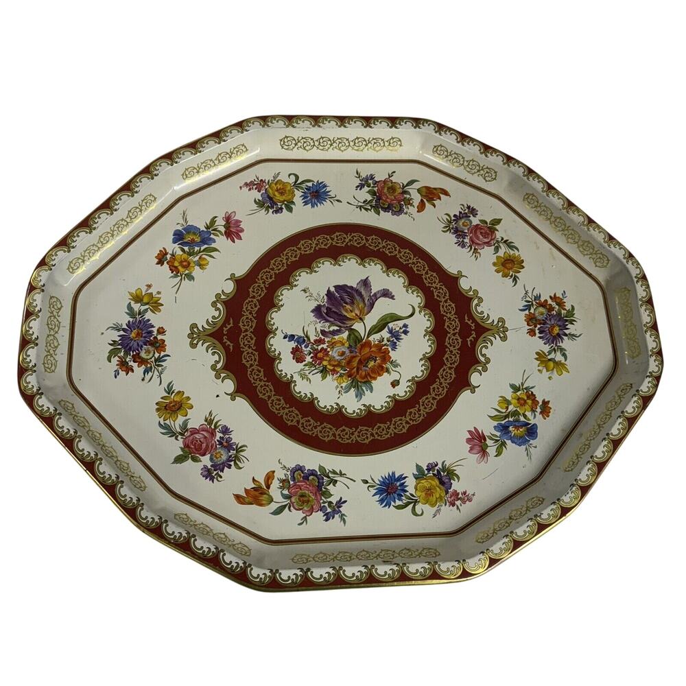 VTG Oval Daher Decorated Ware England 17.5x13.5 Tin Floral Metal Tea Bar Tray